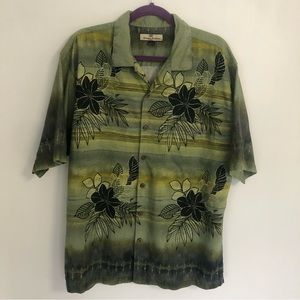 TOMMY BAHAMA 100% Silk Mens Green/Black Floral Print Short Sleeve Shirt Sz L
